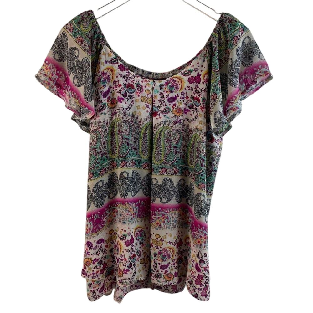 New Directions Colorful Paisley & Floral Boho Peasant Top Size Large